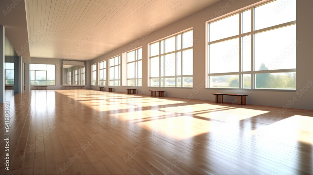Fototapeta premium Empty Large and Clear Room with wooden floor and many Large Windows with distant Countryside view - AI generated