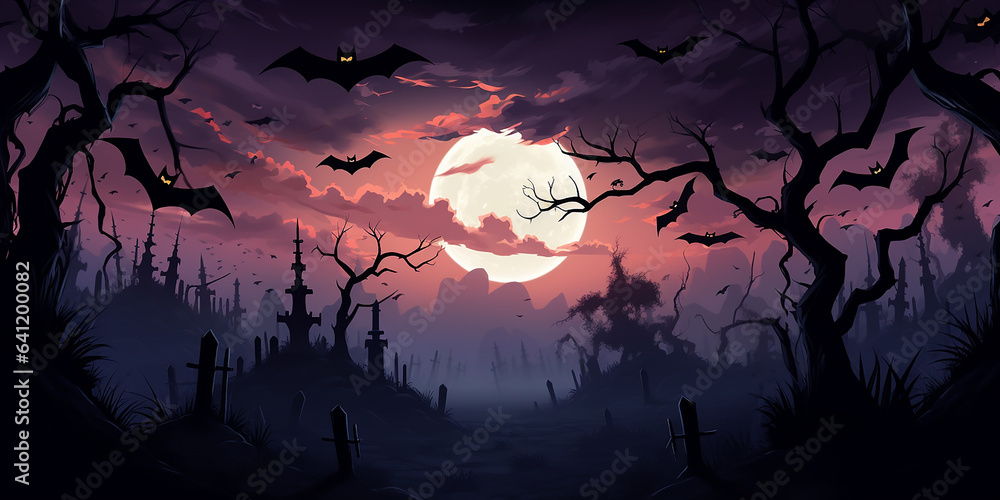 halloween haunted circus,Night full moon bats on tree.