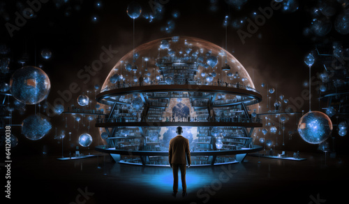 One Business Man standing up back in front of a huge abstract knowledge spherical library with blueish tones - AI generated