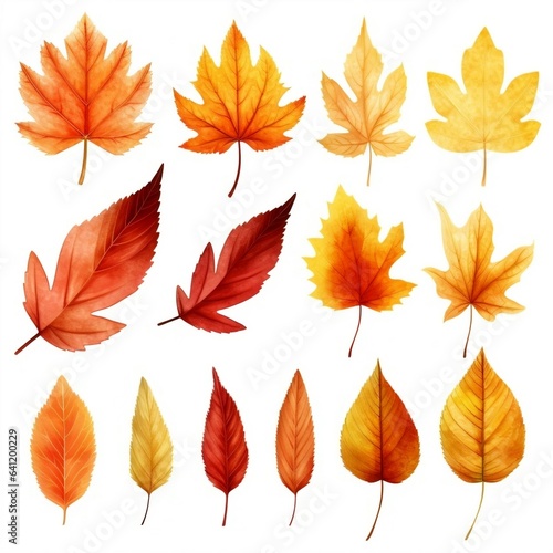 Autumn leaves watercolor set. Created with Generative AI technology 