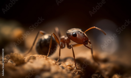 Macro photography of ant on dirt around stones AI Image Generative