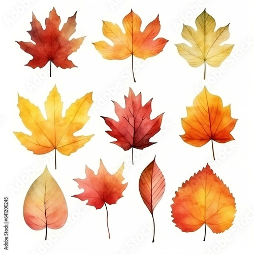 Autumn leaves watercolor set. Created with Generative AI technology 