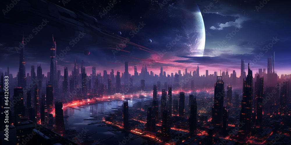 Fototapeta premium Nighttime cyberpunk city illustration wallpaper