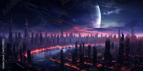 Nighttime cyberpunk city illustration wallpaper © Teerasak