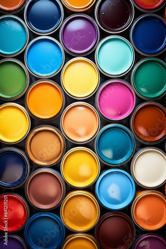 Different colors of paints in cans or colorful paint background, top view.generative ai
