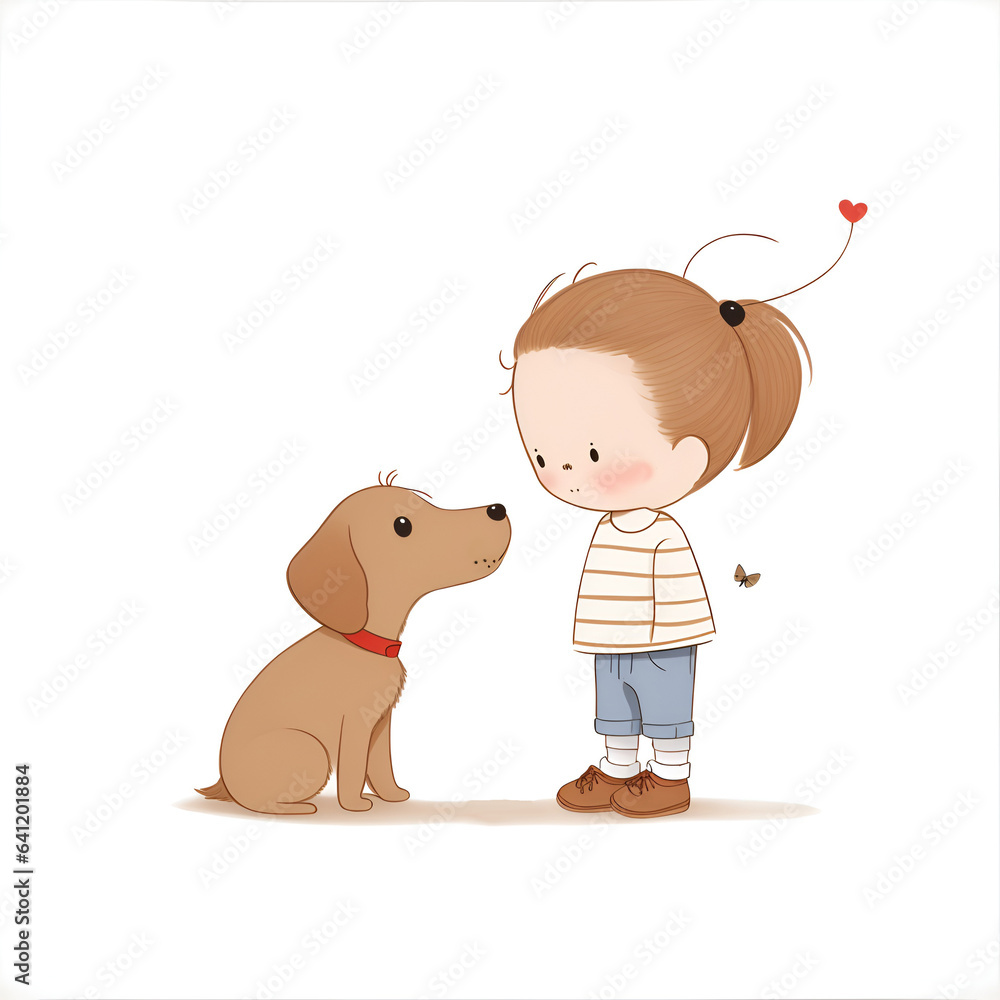 Simple illustration of happy cute little kid play with dog. Children cartoon character playing ing dog pet friend on white background. children activity. Flat illustration. Simple illustration of happy cute little kid play with dog. Children cartoon character playing ing dog pet friend on white background. children activity. Flat illustration.
