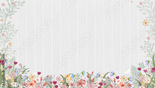 Spring background with cute flower border on wooden wall background, Vector illustration horizontal backdrop of Colourful Summer flora frame on wood textured,Holiday banner for Easter,Mother day card