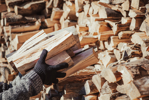 Close up of man takes firewood from pile, toned image. Using firewood for heating home in winter