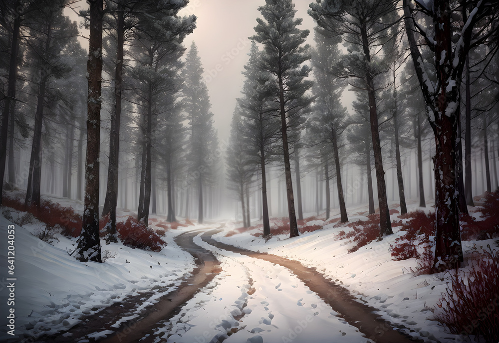 Obraz premium a road in snowy winter forest ai generated