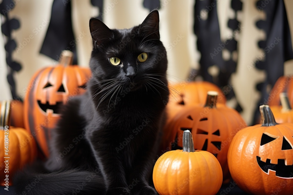 A black halloween cat sits on the floor with pumpkins. A black halloween cat sits on the floor with pumpkins.