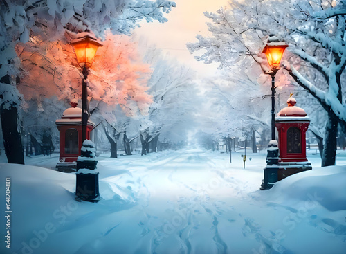 snowy street in winter with street lamp ai generated