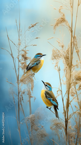 Birds on grass with brown lupine, light turquoise and light yellow, harmony with nature