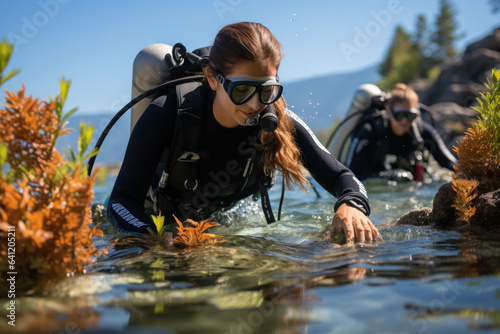 A scientific team studies seagrass beds, recognizing their critical role in providing habitat and sustaining marine biodiversity. Generative AI.