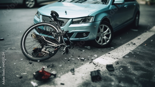 Car and bicycle crash in accident. Top view. © tashechka