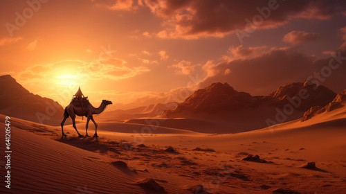 Desert landscape sunset and side way camels walking on the desert