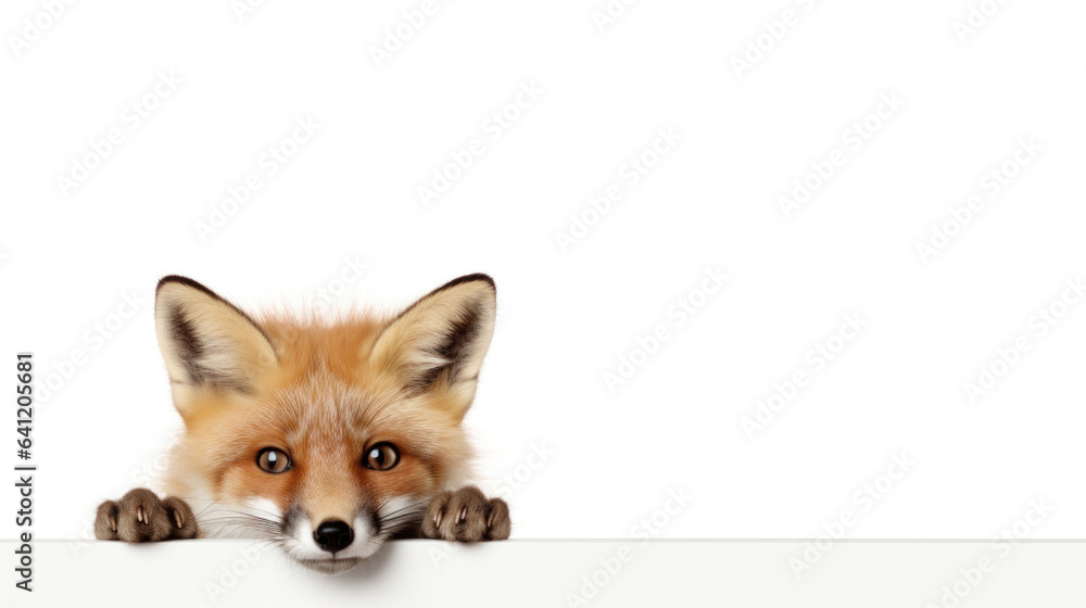 Cute red fox peeking out from behind a white table with copy space, isolated on white background.
