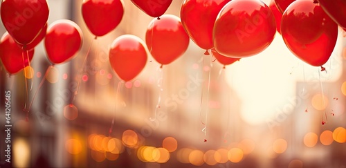 red baloons, bokeh in backround, shallow depth of field.