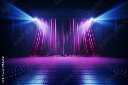 The dark stage shows empty dark blue purple pink background