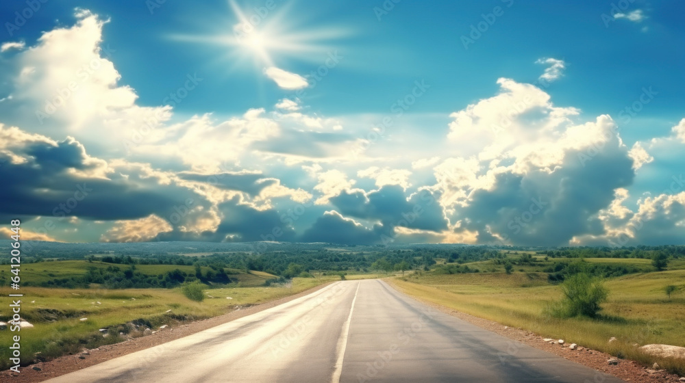 Fototapeta premium Beautiful summer landscape with road, fields and blue sky with clouds