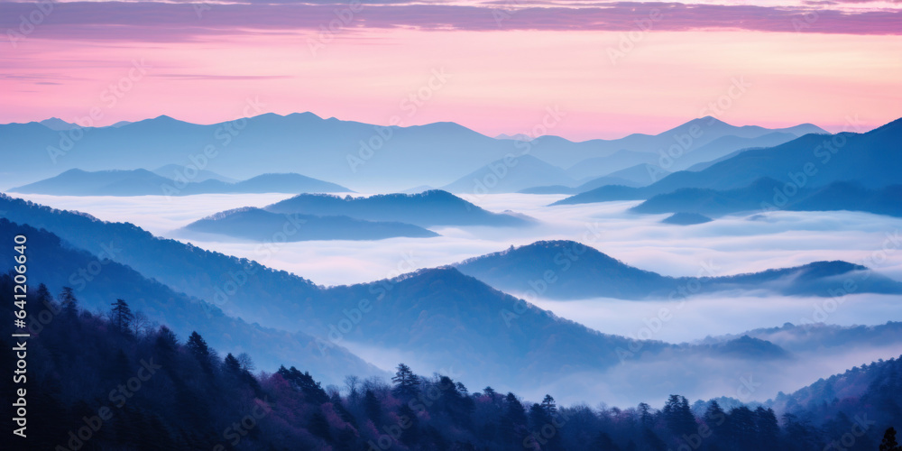 The mountains are shrouded in mist, and the last traces of daylight lend a tranquil, mystical quality to the scene. A twilight shot of autumn mountains under a fading pink and purple sky. The mountains are shrouded in mist, and the last traces of daylight lend a tranquil, mystical quality to the scene. A twilight shot of autumn mountains under a fading pink and purple sky.