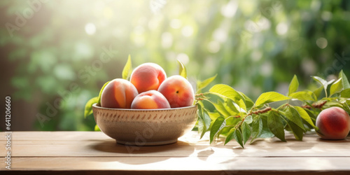 Peaches in a ceramic bowl on a small wooden table on blurred garden background.
