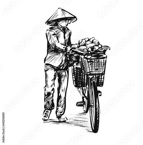 Drawing of Street vendor in Vietnam selling fruits on a bicycle