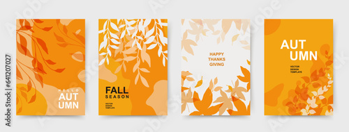 Autumn abstract universal backgrounds. Minimal modern design with orange leaves. Templates for wedding invitation, advertisement, holiday, branding, banner, cover, label, poster, social media post