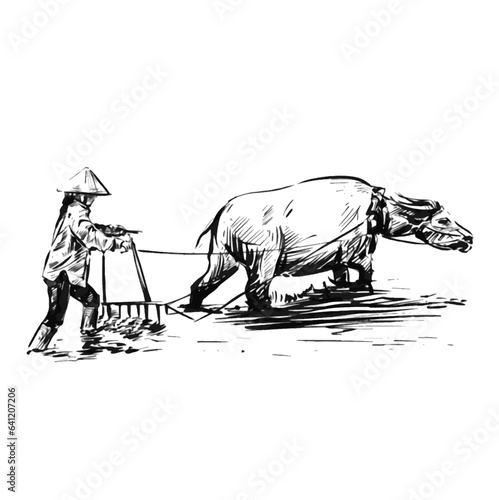 Drawing of Chinese farmer working in a field