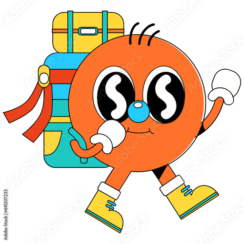 Round character carrying backpack line filled illustration
