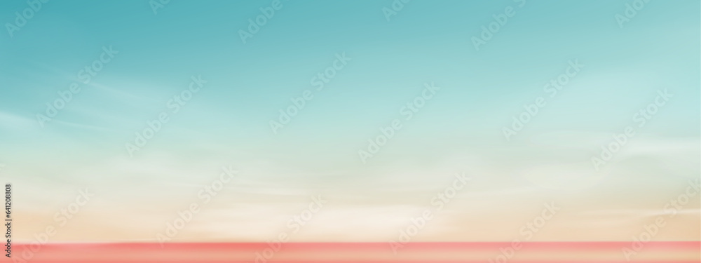 Sky blue pastel with orange, peach,light green by the sea,Vector nature cloud sky landscape with Sunset in evening,Horizon Sunrise in Morning banner of Sunlight for four season backdrop