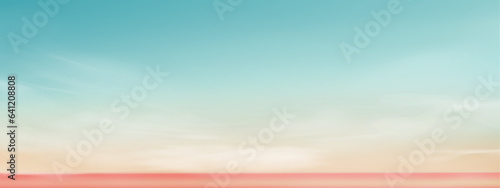 Sky blue pastel with orange  peach light green by the sea Vector nature cloud sky landscape with Sunset in evening Horizon Sunrise in Morning banner of Sunlight for four season backdrop