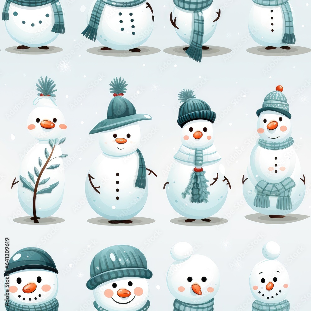 A seamless pattern featuring eight adorable snowmen, creating a cheerful and playful vibe for your creative projects. Illustration, Generative AI