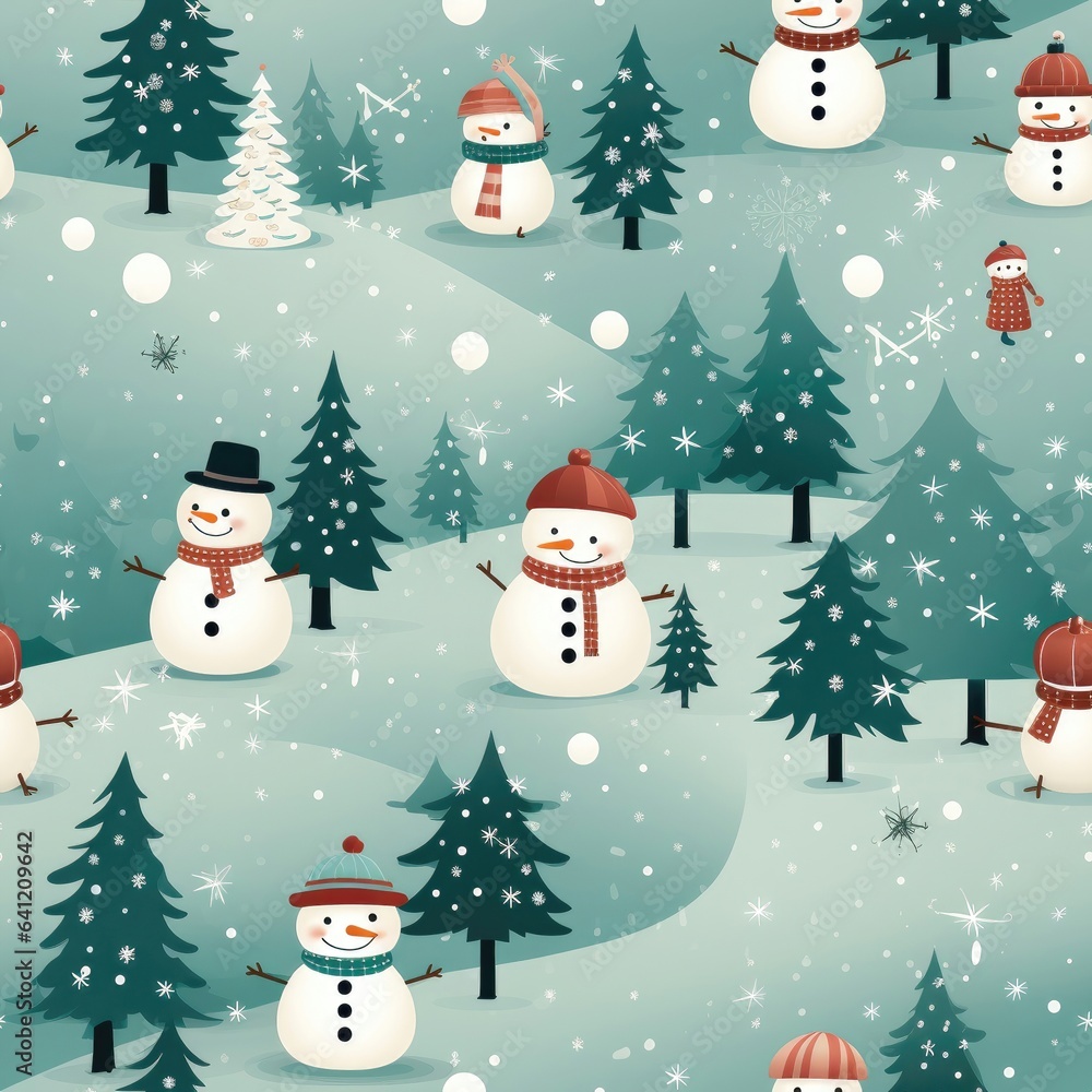 A seamless pattern featuring adorable snowmen and Christmas trees scattered across rolling hills, evoking a picturesque winter landscape. Illustration, Generative AI