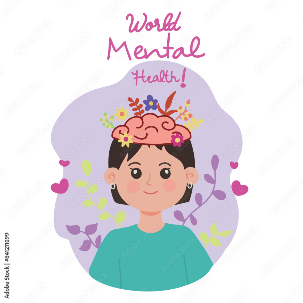 Cute woman heal anxiety and overthinking celebrate world mental health illustration Cute woman heal anxiety and overthinking celebrate world mental health illustration
