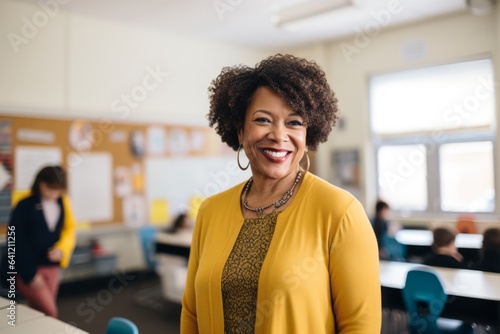 Murais de parede smiling african american female teacher standing in classroom