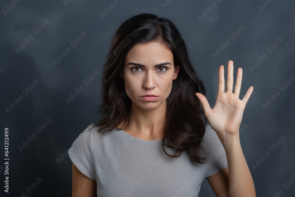 Portrait of a woman with her hand raised suggesting Stop. Domestic violence against women or women's empowerment theme.generative ai
Portrait of a woman with her hand raised suggesting Stop. Domestic violence against women or women's empowerment theme.generative ai