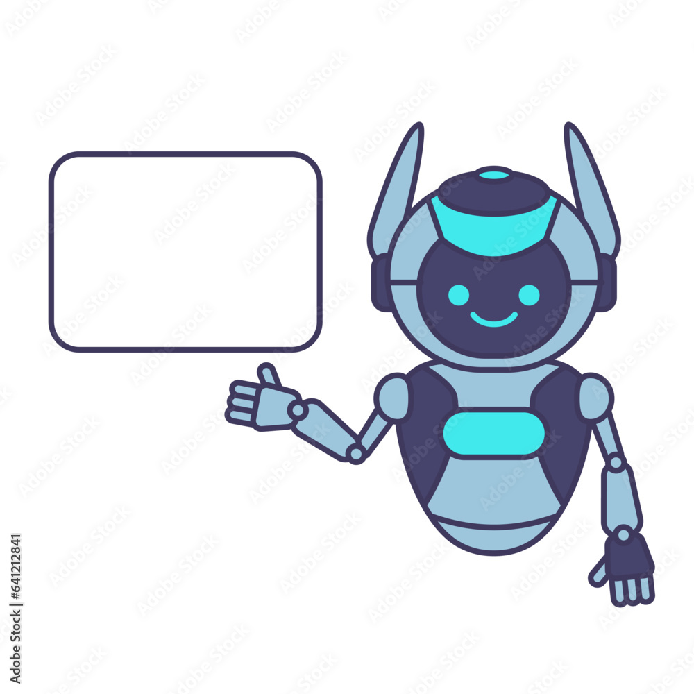 Robot holding blank poster banner or showing information