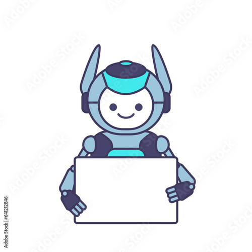 Robot holding blank poster banner or showing information