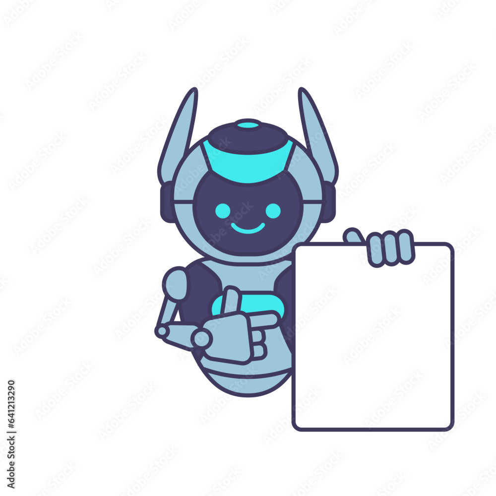 Robot holding blank poster banner or showing information Robot holding blank poster banner or showing information