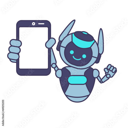 Robot shows blank phone screen for advertising vector illustration design