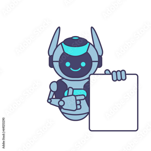 Robot holding blank poster banner or showing information