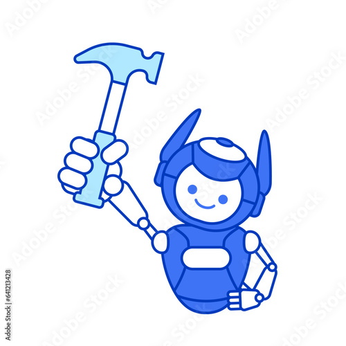 Robot carpenter character. Robot holding hammer