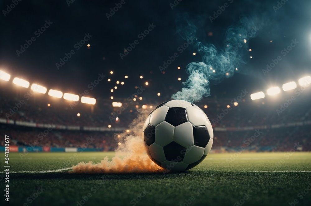 Soccer ball in the smoke on the field. The concept of a fight for the ball.