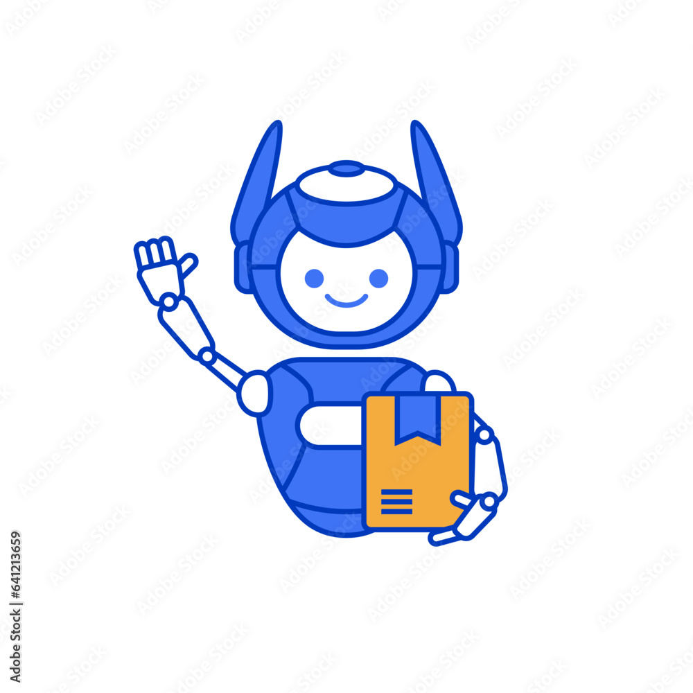 Robot mascot delivering package illustration. Robot carrying parcel illustration