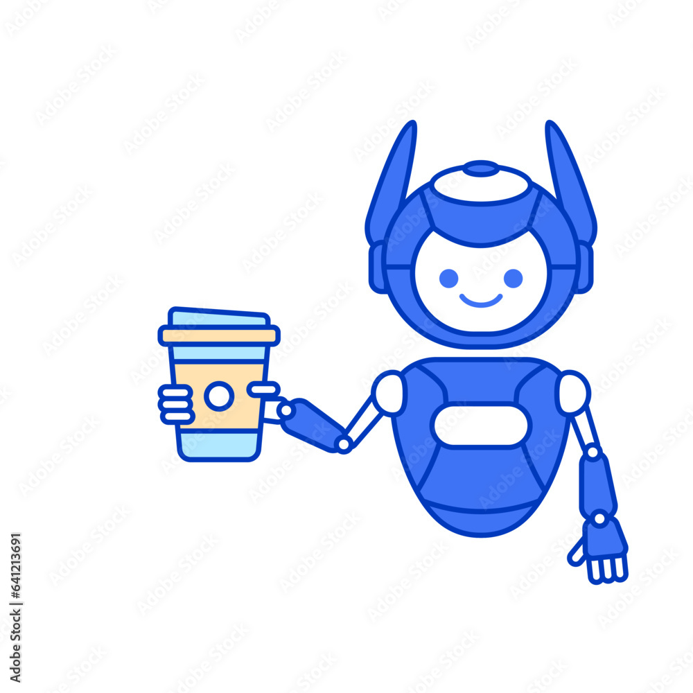 Robot carrying coffee cup vector illustration. Robot mascot character illustration design Robot carrying coffee cup vector illustration. Robot mascot character illustration design