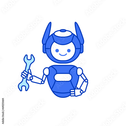 Robot holding wrench vector illustration. Robot character pose