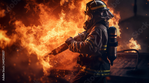 Firefighter on fire or firefighter putting out a fire.generative ai 