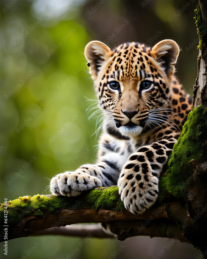 Obraz premium a leopard cub on a branch - generative ai