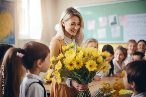 Fototapeta Naklejka Na Ścianę i Meble -  World Teachers' Day - Female teacher received beautiful bouquet in her classroom