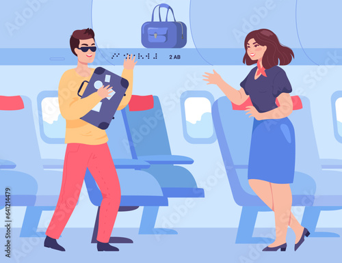 Blind passenger using braille signage vector illustration. Female flight attendant helping visually impaired traveler get luggage in plane. Flight accessibility, tourism, disability concept